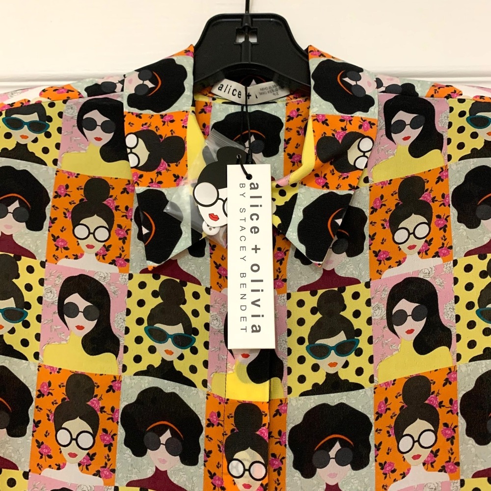 NWT Alice + Olivia Silk Willa Stace Tribe Face Blouse Shirt Sm 2 4 Mod - Picture 4 of 11